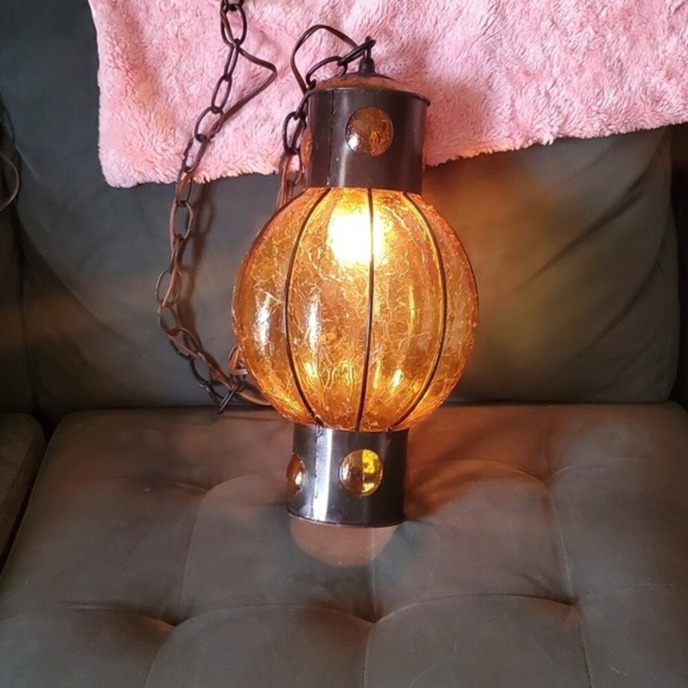 Vintage Yellow Amber Glass Crackled Swag Hanging Pendant Light Lamp Mid-century